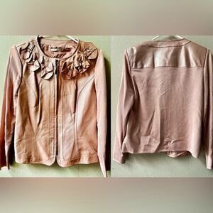 PETER NYGARD VINTAGE PINK MIXED MEDIA LEATHER KNIT APPLIQUÉ ZIP UP JACKET SZE L*